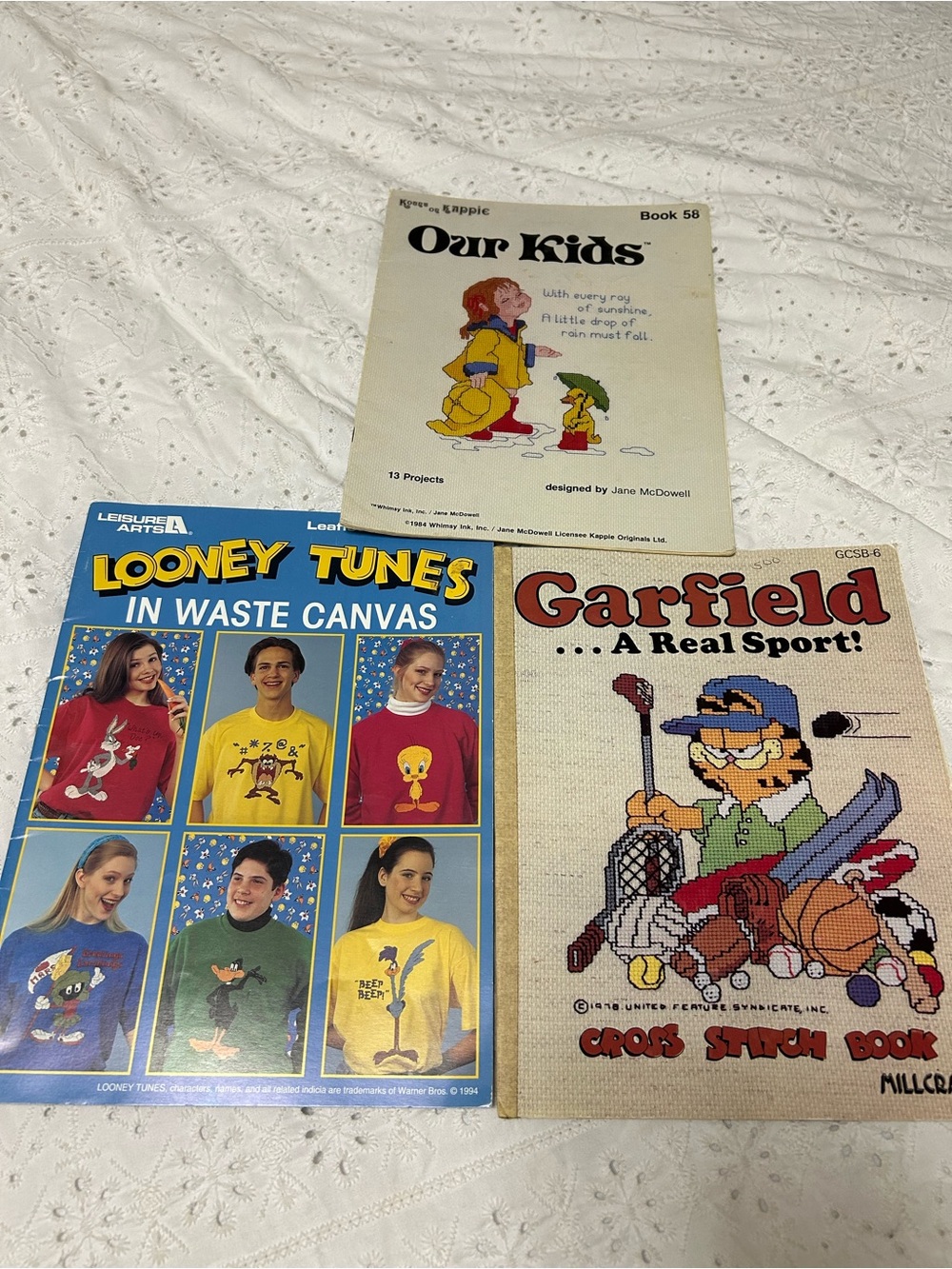 Vintage Cross Stitch Book Lot Looney Tunes Garfield Our Kids Patterns Leaflets